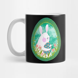 Cute white bunny with floral easter egg decoration on blue sky, version 4 Mug